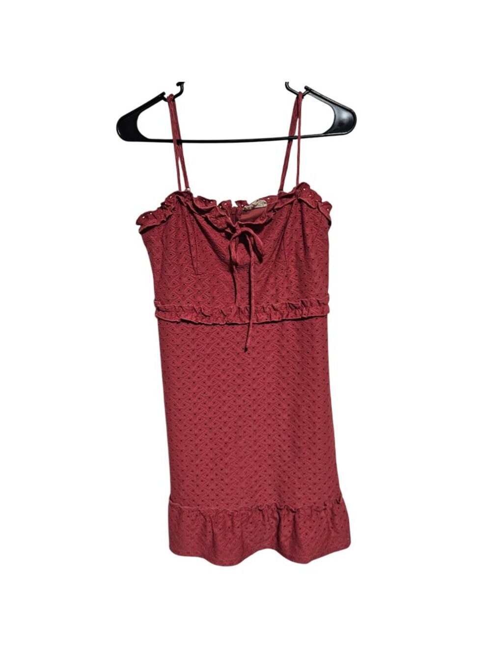 Chocolate USA Sundress Size Medium Rust Red Eyelet Ruffle Hem Back Zipper Summer